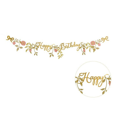 Floral foil Happy Birthday banner 1.3m displayed along a mantelpiece above a cake