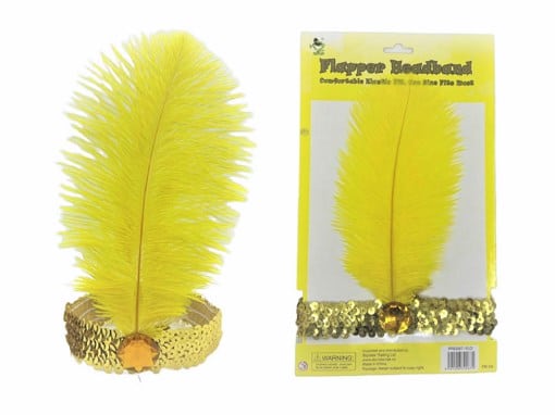 Flapper Ostrich Feather Headband - Yellow with gold button