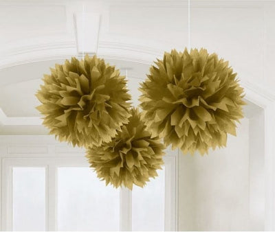 Pack of three gold fluffy tissue puff ball decorations for hanging at a celebration