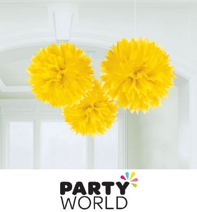 Pack of three yellow fluffy tissue puff ball decorations for hanging at a party