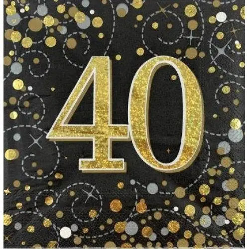 Black &amp; Gold 40th Sparkling Fizz Luncheon Napkins (16)