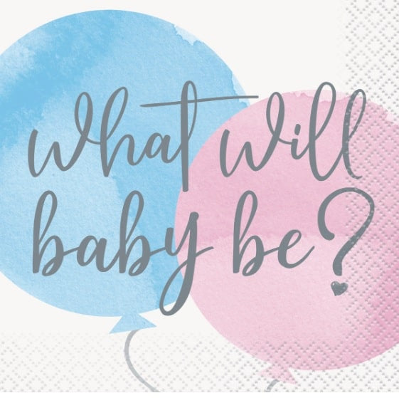 What Will Baby Be gender reveal beverage napkins in pink and blue, pack of 16