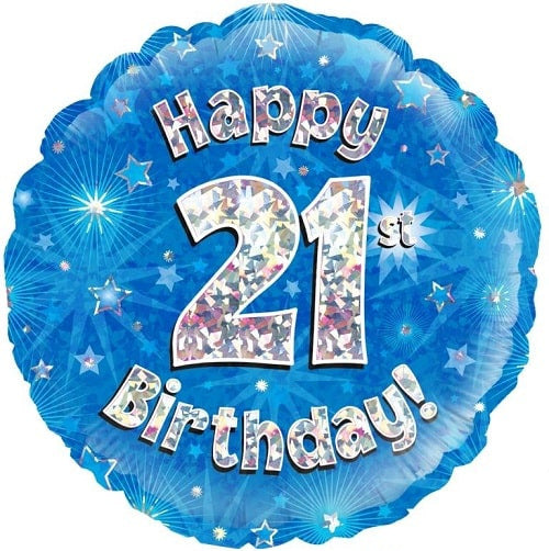 Happy 21st Birthday Blue Holographic Foil Balloon 45cm