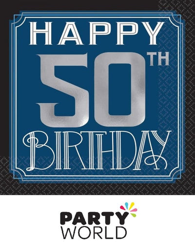 Happy 50th Birthday beverage napkins in blue and silver hot stamp, pack of sixteen