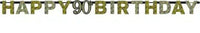 Prismatic gold and silver Happy 90th Birthday letter banner strung across a hall wall