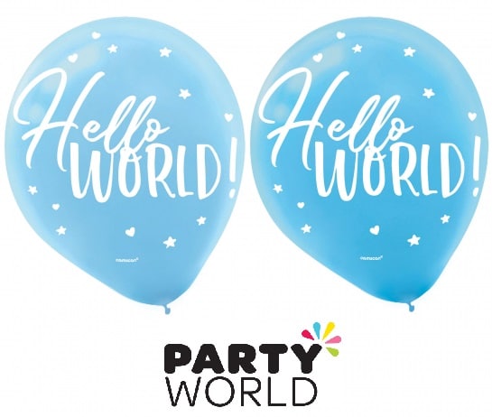 Hello World Baby Shower Blue Latex Balloons (5)