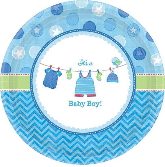 Blue baby shower plate with baby clothes and 'It's a Baby Boy!' text, branded with Party World.