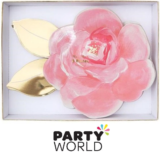 Assorted Rose Garden floral plates shown together, 24x18cm shaped cardboard, eight per pack