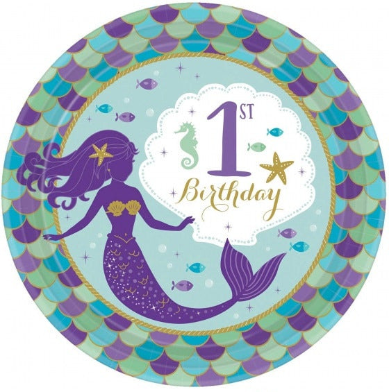 Mermaid Wishes 1st Birthday Round 7in Plates (8)
