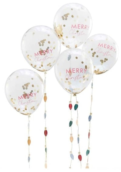 Merry Christmas Gold Confetti Filled Latex Balloons With Tails (5pk)