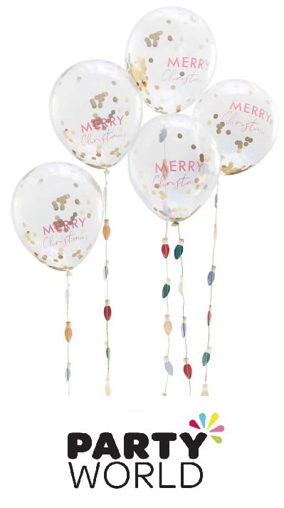 Merry Christmas Snow Confetti Filled Latex Balloons With Tree Tails (5pk)