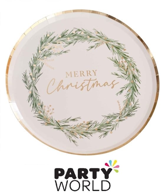 Merry Christmas Silver Foiled Round Paper Plates (8pk)