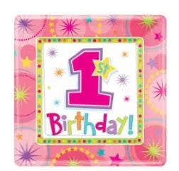 One Birthday Plates Square Pink  (8)
