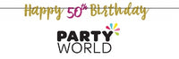 Detail of the pink and gold lettering on the 50th birthday banner