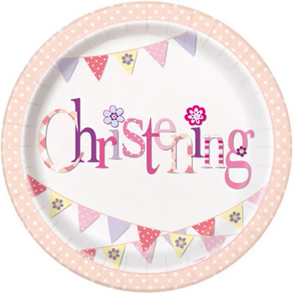 Pink Bunting Christening Paper Plates 9in (8)