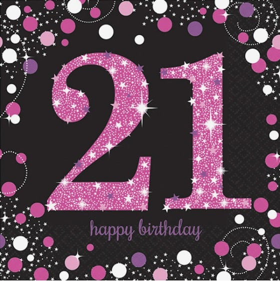 Pink glittery '21' on a black background with 'Happy Birthday' text and Party World logo.