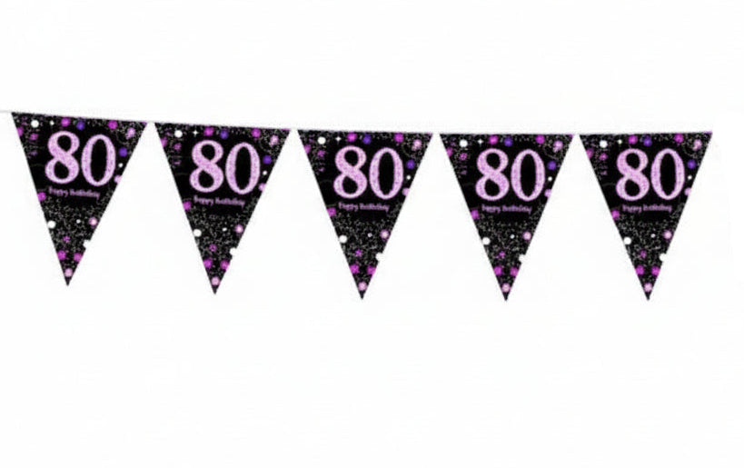 80th Birthday Celebration Pink Prismatic Pennant Banner