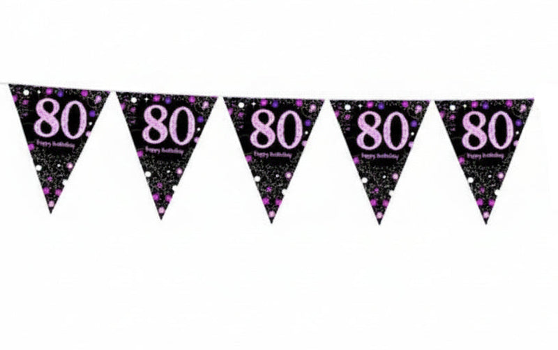 80th Birthday Celebration Pink Prismatic Pennant Banner