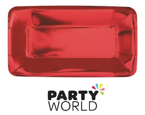 Red foil rectangular appetiser plate close up, 12.7cm, eight plates per pack