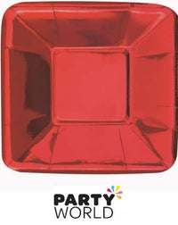 Red foil square appetiser plate shown close up, 12.7cm, eight plates per pack