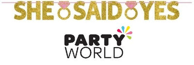 She Said Yes Glittered Cardboard Gold & Pink Ribbon Banner