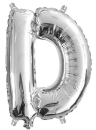 Silver mini foil letter D balloon, air fill, for initials on a gift table
