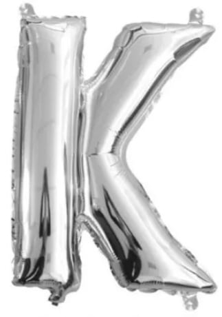Silver mini foil letter K balloon, air fill, for spelling names above a cake