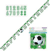 Customisable soccer birthday banner used as a photo backdrop at a football party