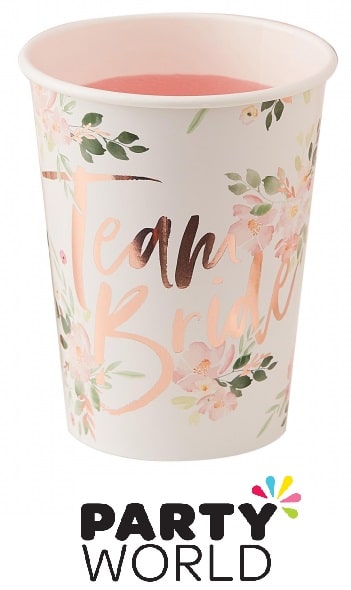 Team Bride Floral Rose Gold Foiled Party Cups (8)