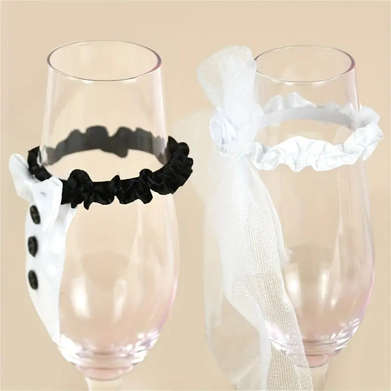 Bridal Veil &amp; Groom Tux Wine Glass Decorations