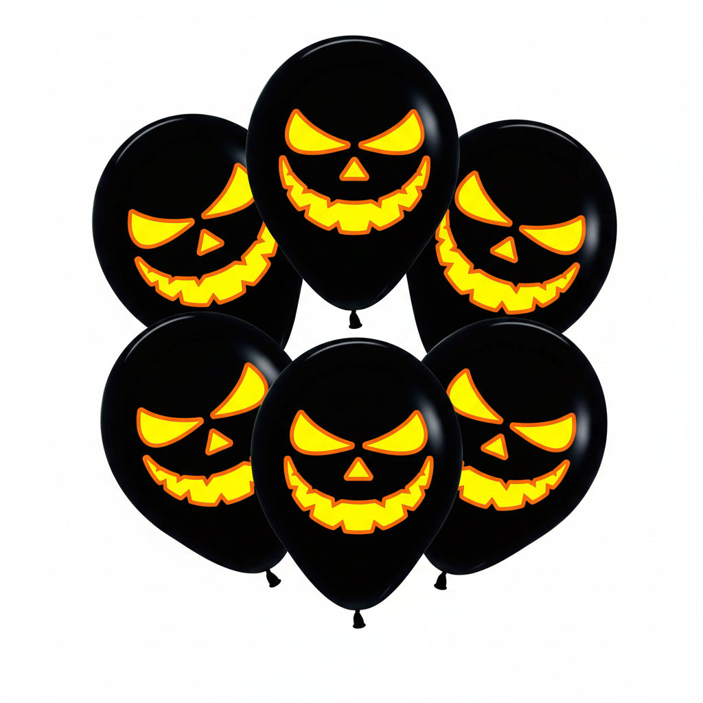 Twelve 30cm latex balloons with assorted Halloween prints for a spooky party display