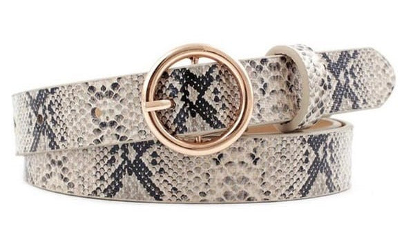Snake print belt with rose gold buckle on a white background, branded 'Party World'.