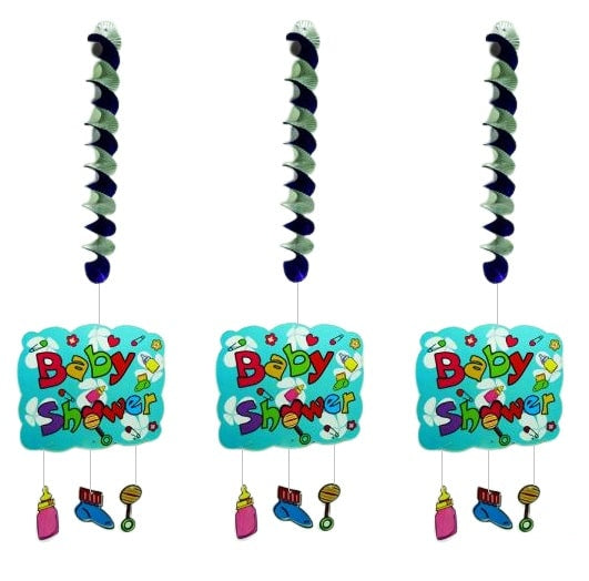 Three identical baby shower decorations with colorful text and small toys on a white background.