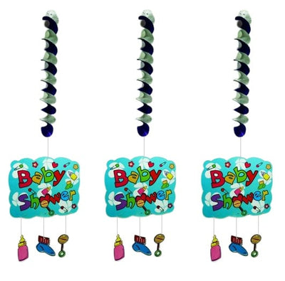 Three identical baby shower decorations with colorful text and small toys on a white background.