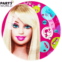 Barbie Party paper plate shown close up, 17.8cm pink design, six plates per pack