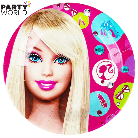 Barbie Party paper plate shown close up, 17.8cm pink design, six plates per pack