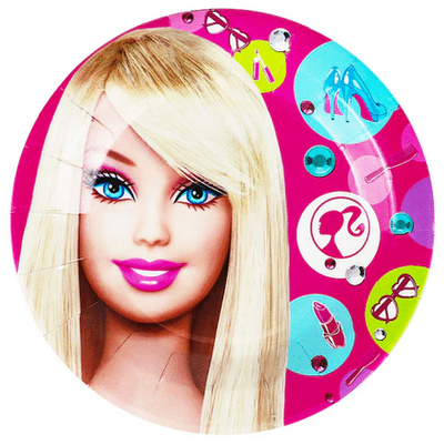 Barbie Party paper plates, 17.8cm, six per pack, on a bright pink Barbie birthday table