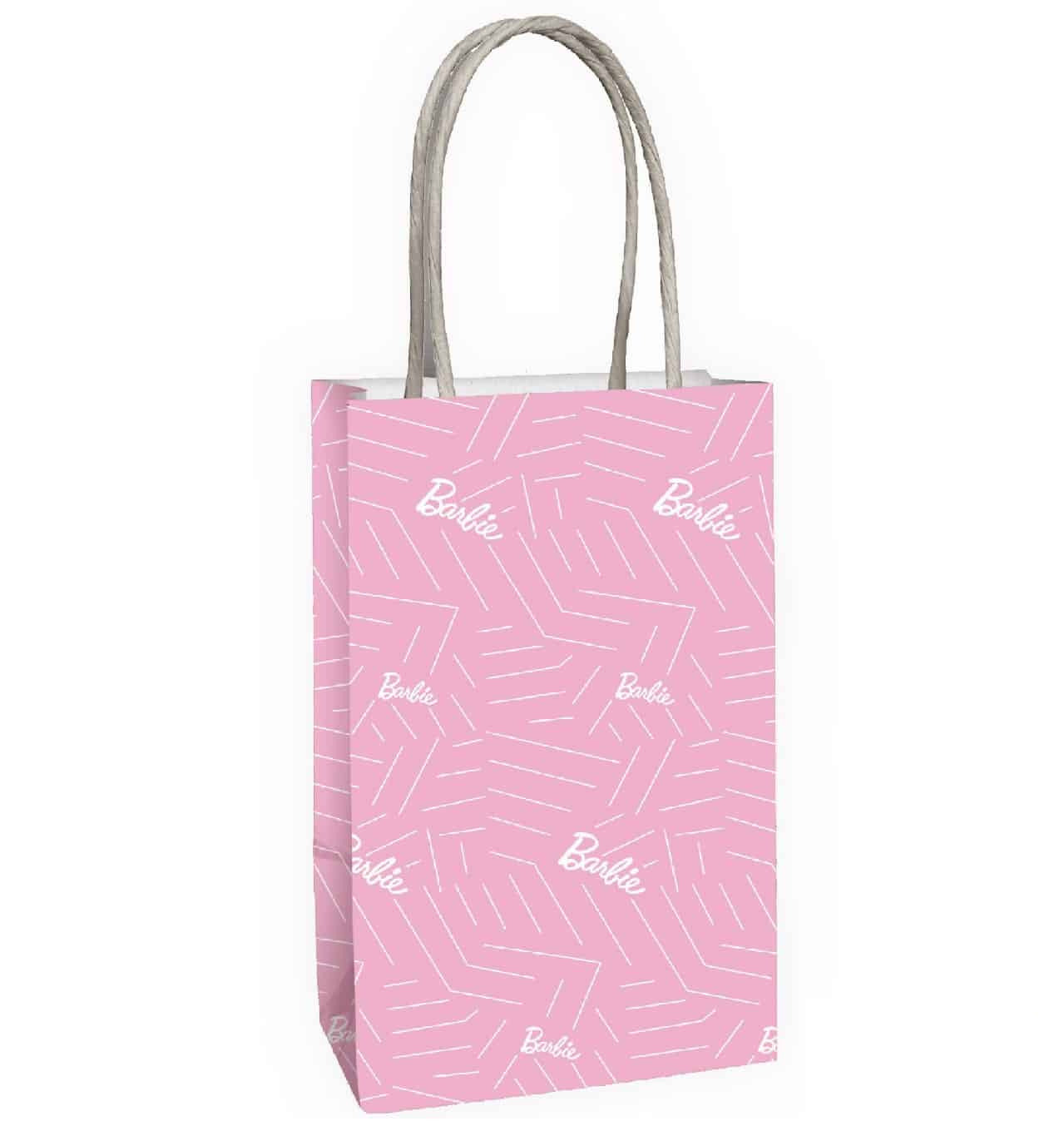 Pink gift bag with white geometric pattern and 'Barbie' branding on a white background, featuring the Party World logo.