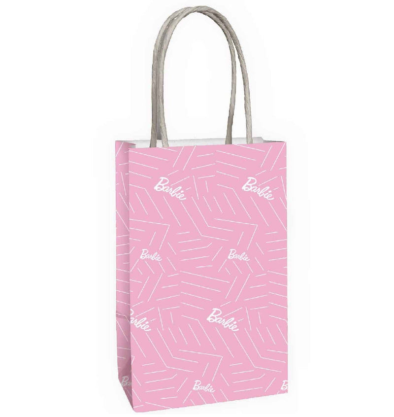 Pink gift bag with white geometric pattern and 'Barbie' branding on a white background, featuring the Party World logo.