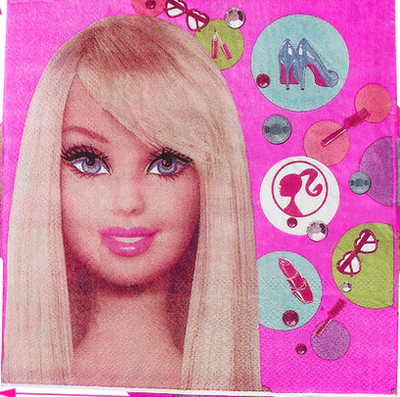 Barbie party luncheon napkins, pack of 10, on a pink birthday party table
