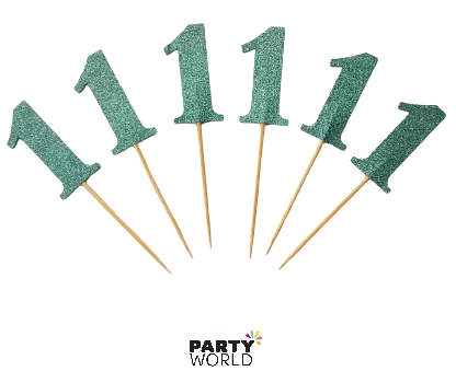 1st Birthday Blue Glittery Cupcake Toppers Picks (6pk)