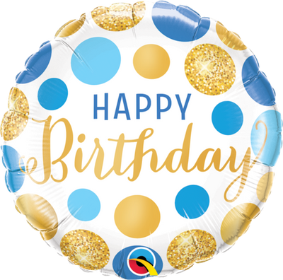 Foil Balloon 18" Happy Birthday - Blue &amp; Gold Dots