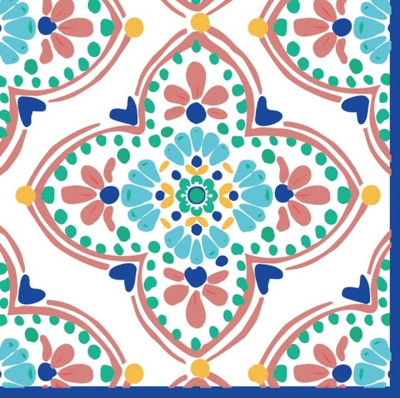 A square party napkin or paper plate featuring a colorful Mexican tile pattern with floral medallions in coral, teal, blue, green, and yellow on a white background. A blue border frames the right side, and the 'PARTY WORLD' brand logo is printed at the bottom.