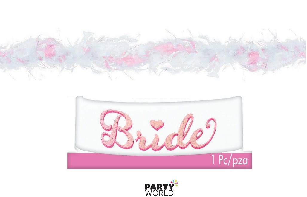 Pink &amp; White Bride -Silicone Bracelet/Wristband &amp; Feather Boa Pack