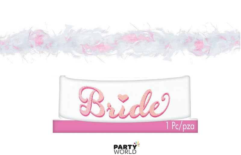 Pink &amp; White Bride -Silicone Bracelet/Wristband &amp; Feather Boa Pack