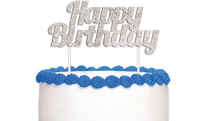 Cake Topper Happy Birthday Silver Glitter image 0