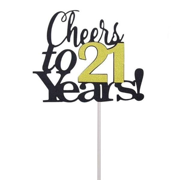 Cheers To 21 Years Black &amp; Gold Cake Topper