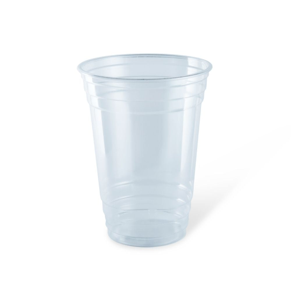 Clear recyclable PET plastic party cups in a fifty pack for cold drinks and water stations