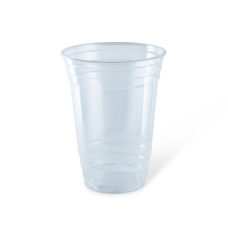Clear recyclable PET plastic party cups in a fifty pack for cold drinks and water stations