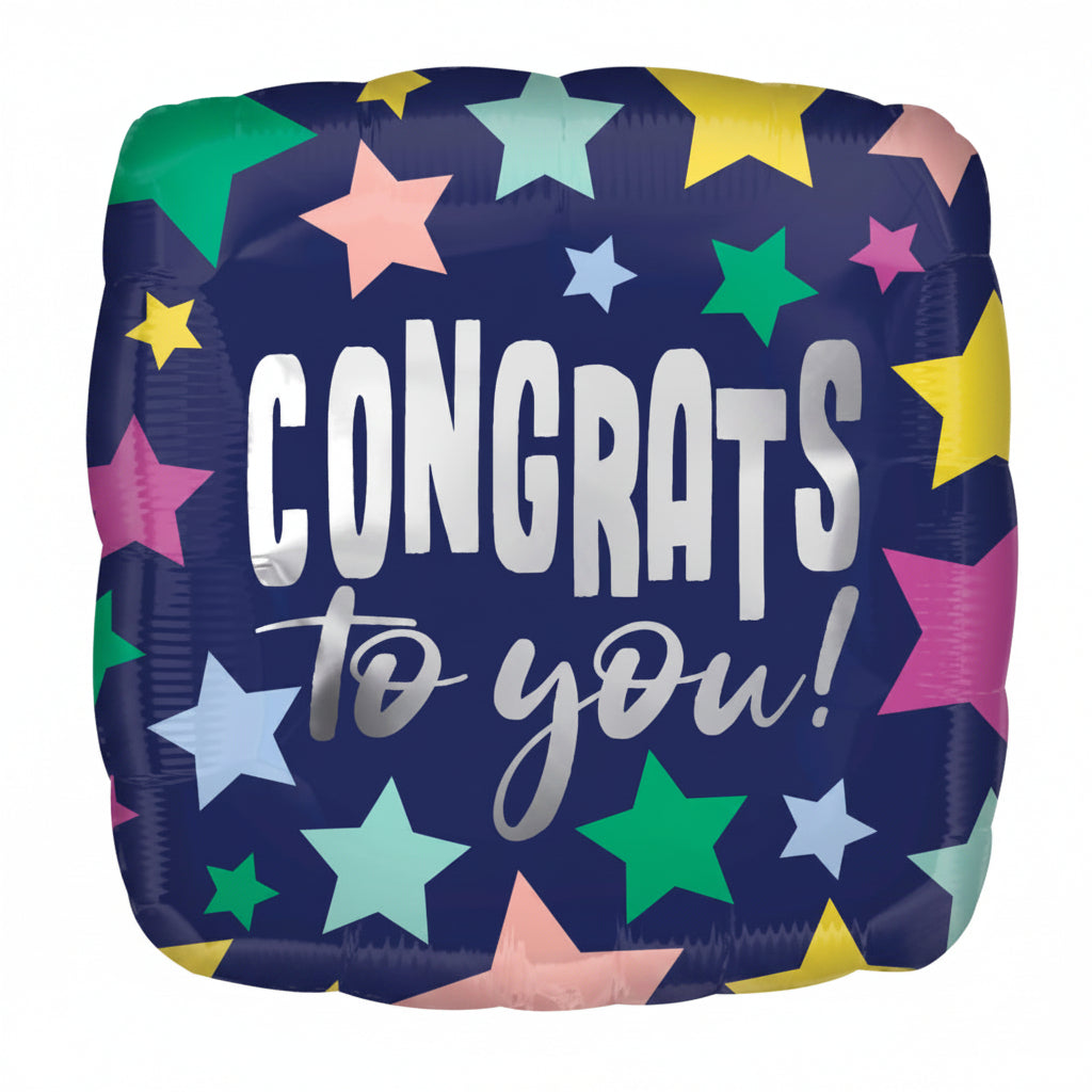 Congrats To You foil balloon with star print, 46cm, for prizegivings and club awards